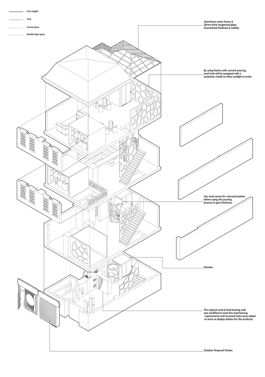 Exploded axonometric of the building, level by level