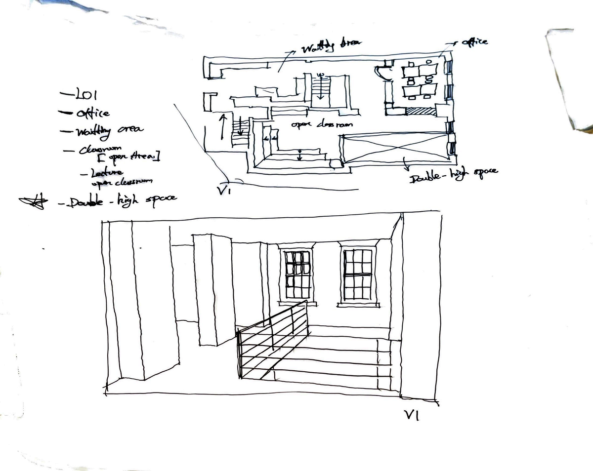 Sketch: plan with room labels, and a view of the stair