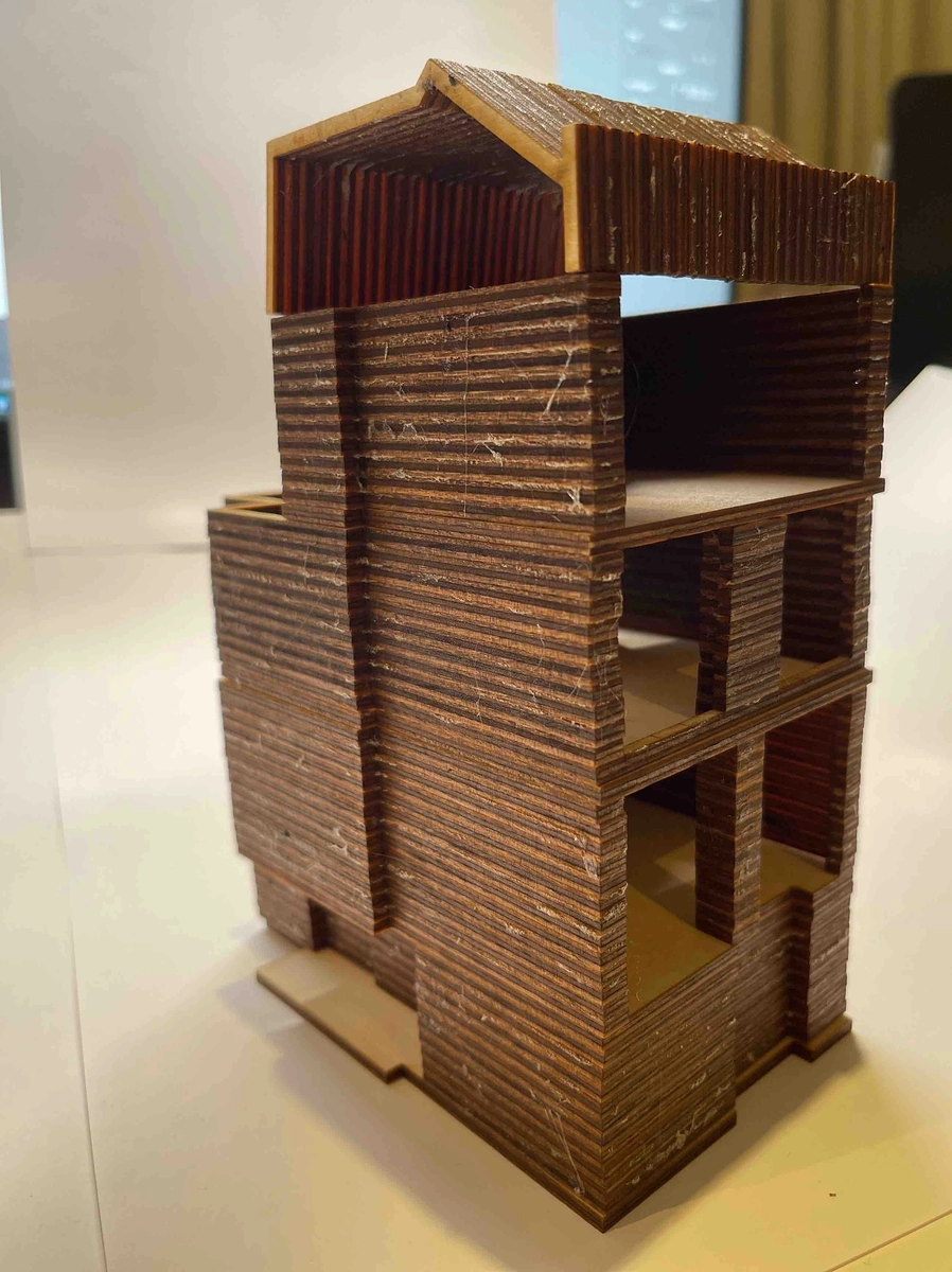 Sketch model, three-quarter view: stepped massing under a pitched roof