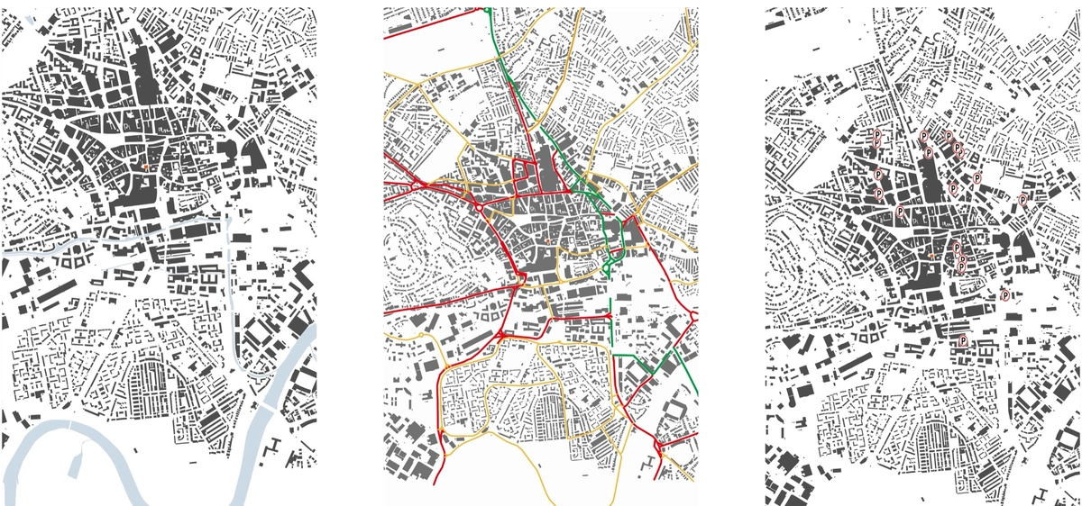 Context maps: water, motorways, parking