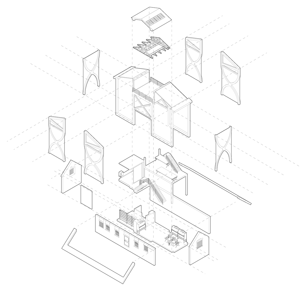 Exploded axonometric of the institute, 11 components