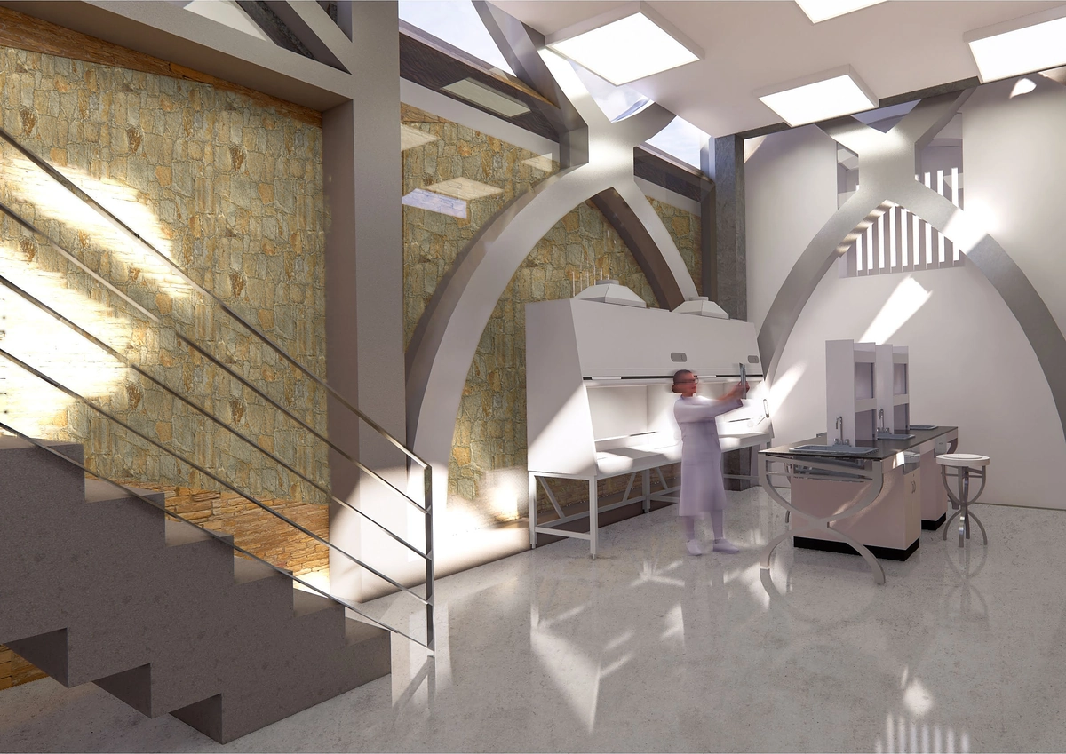 Laboratory with fume cabinets beside the stair, under the arched steel structure