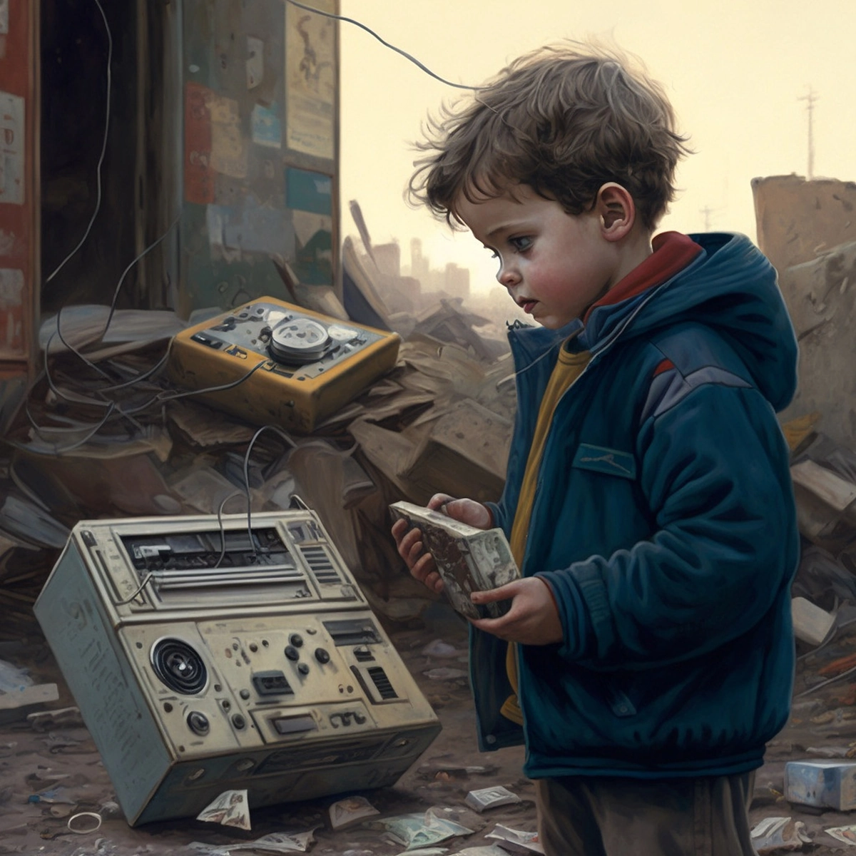 A boy finds a Walkman in the rubble