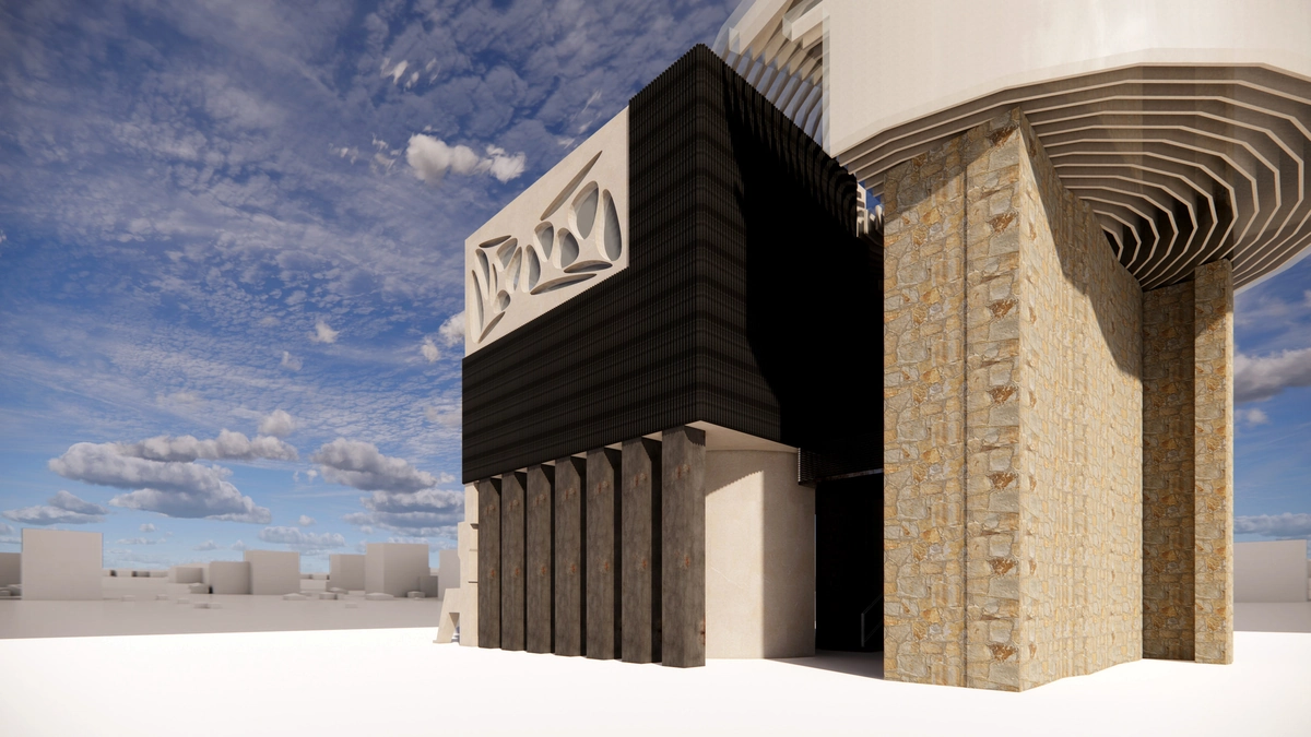Early massing: stone and black volumes
