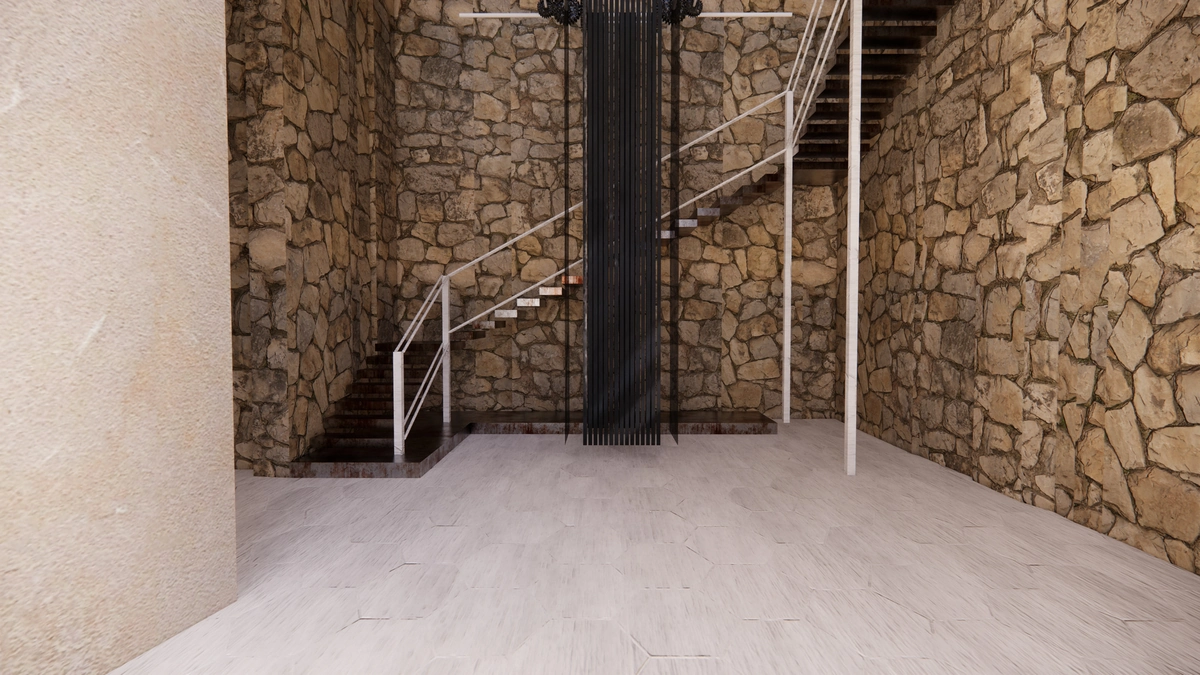 Early interior: stone wall and stair