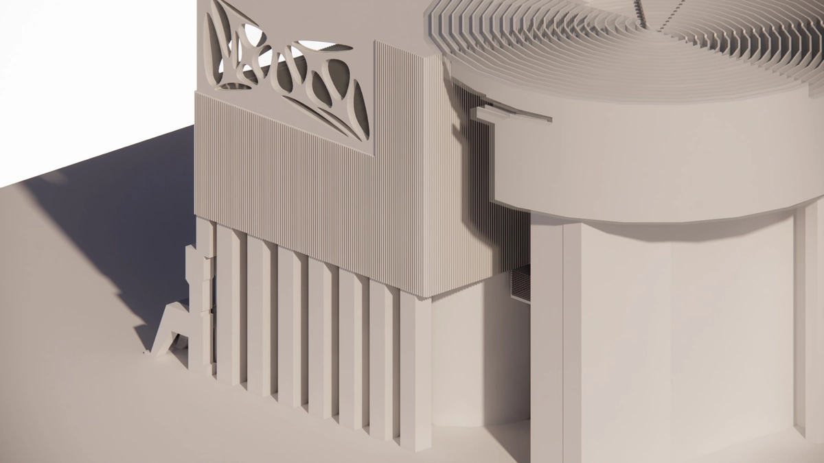 Massing study: slatted facade and roof disc