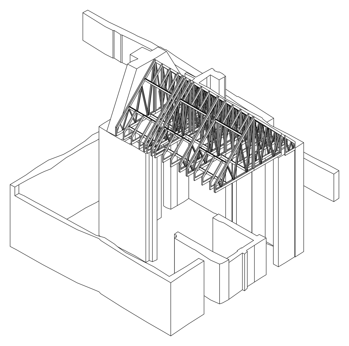 Isometric of the existing structure with the timber roof, 1:100